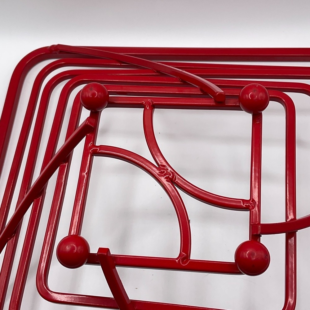 Vintage Mid Century Modern MCM Atomic Red Metal Square Wire Fruit Bowl Holder - Picture 7 of 10